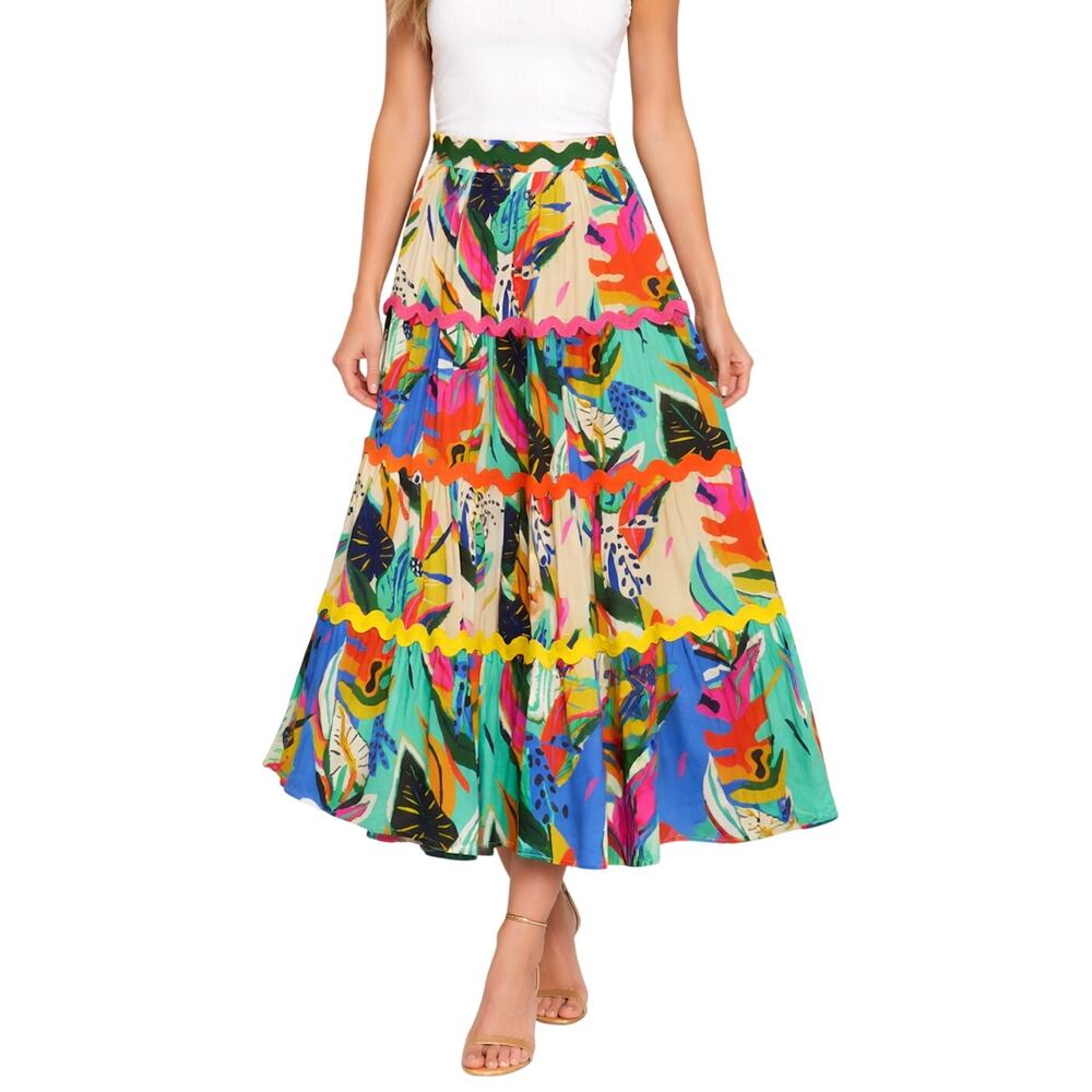 Palms Away Multicolor Tropical Floral Print High Rise Tiered Maxi Skirt Medium